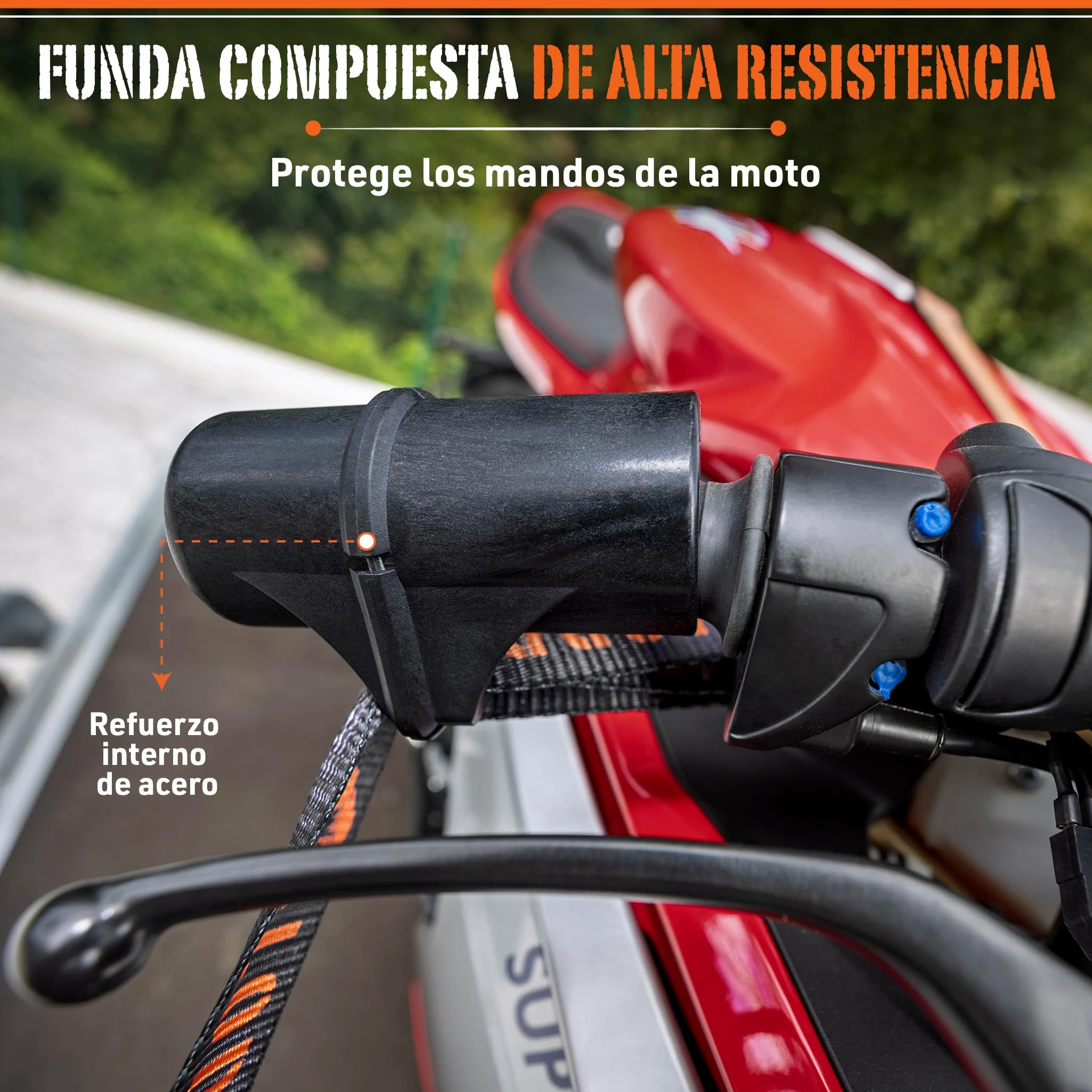 LODD – Correas Moto, Anclaje al Manillar con Manguitos Compuestos Reforzados, Carraca Ultrarresistente, 38 mm, 1.500 kg, Mosquetones de Acero, Remolque, Carretera y Deportivas – Maletín Incluido