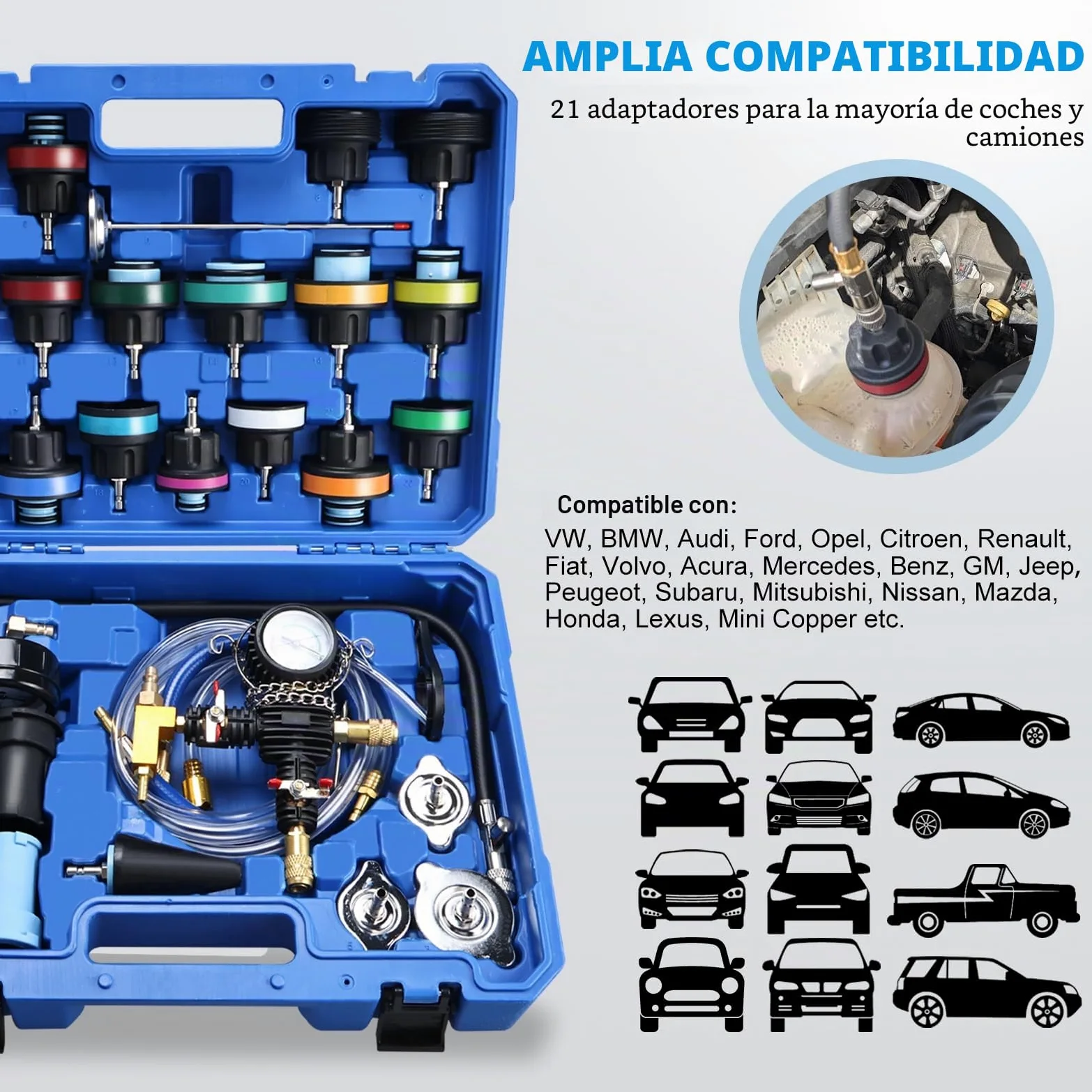 FreeTec 28 pzs Probador Presion Radiador, Universal Probador Presion Circuito Refrigeración, Kit Comprobador de Fugas Purgador Liquido Refrigerante, Herramientas Radiador Coche con Bomba Adaptador