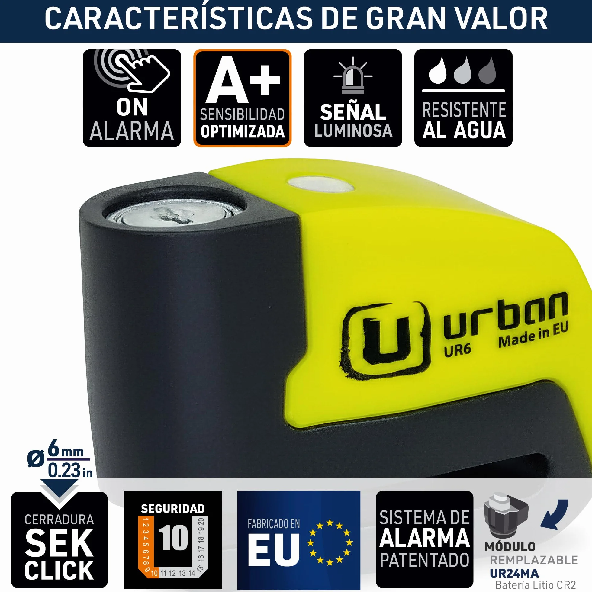 URBAN UR6 Candado Moto con Alarma Inteligente | Antirrobo Disco Más Eficaz | Hi-Tech, 120db, LED, Warning Sensibilidad A+, Pila CR2 Larga Duración, Más Impermeable, Pinza 6mm Universal Scooter Bici