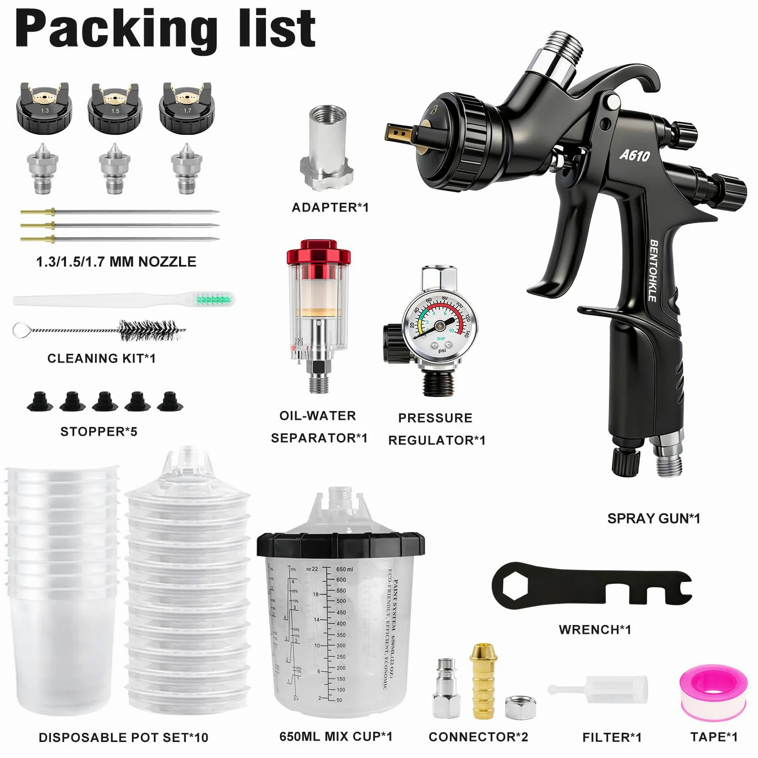 A610 LVLP Pistola de pulverización de aire con 10 vasos de pintura desechables de 650 ml, pistolas de pintura automotriz, pistola de pintura para automóviles, casa, pintura de bricolaje, boquillas de