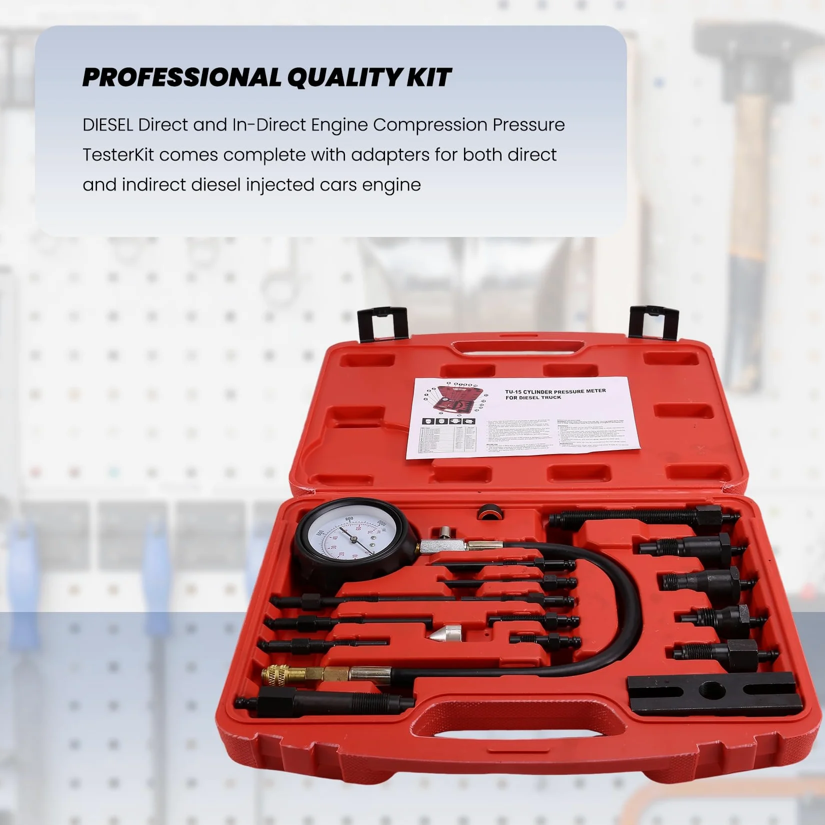 Kit de Comprobador de Compresión de Motor con Manómetro TU-15B, Medidor de Presión para Pruebas de Cilindros