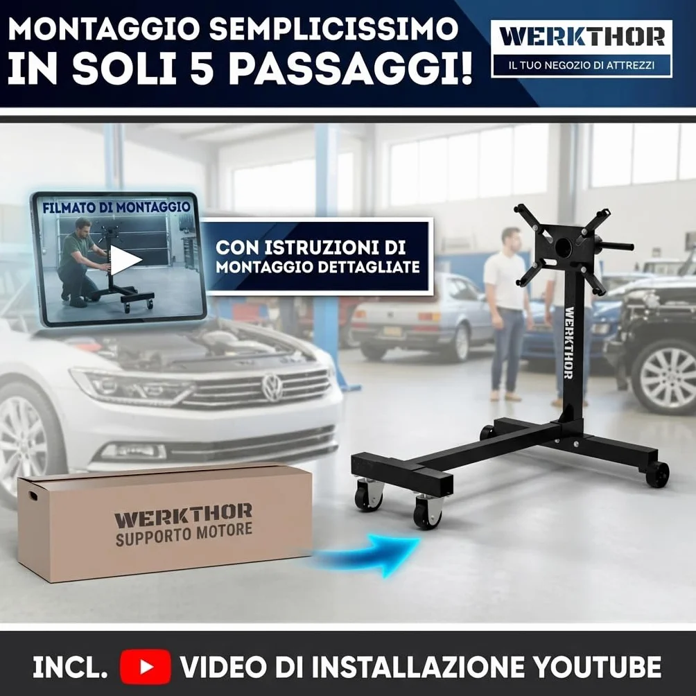 WERKTHOR Soporte de motor para coche, 900 kg, profesional, para camiones y V8, soporte de motor giratorio 360°, carga pesada, caballete negro XXL estable, soporte de montaje para diésel y bloque