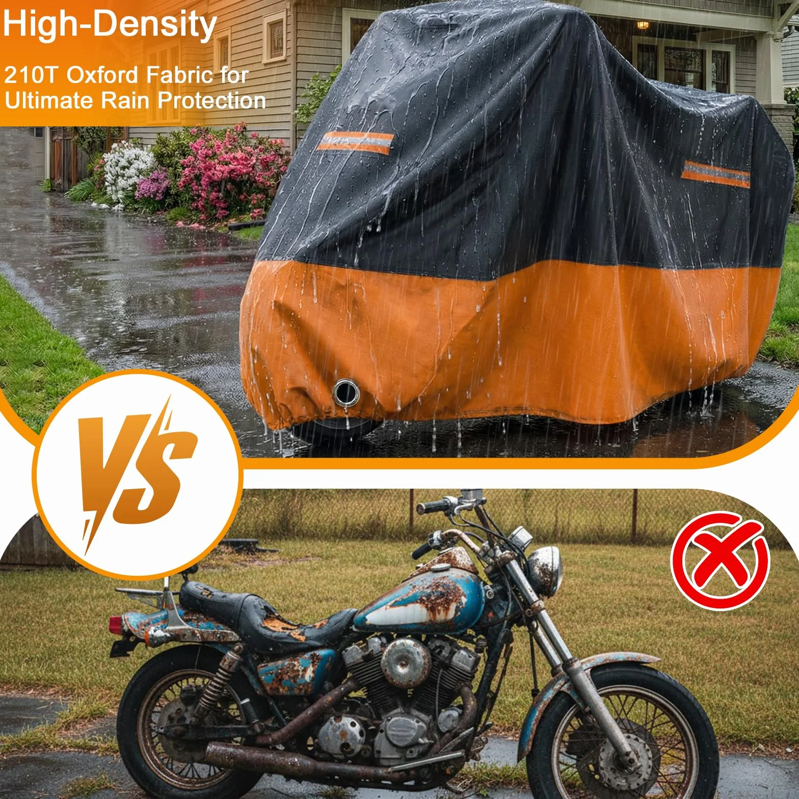 Favoto Funda para Moto y Scooter - Cubierta Impermeable y Anti-UV con Orificio para Candado, Lona de Protección Exterior e Interior, Negro y Naranja, 245x105x125cm