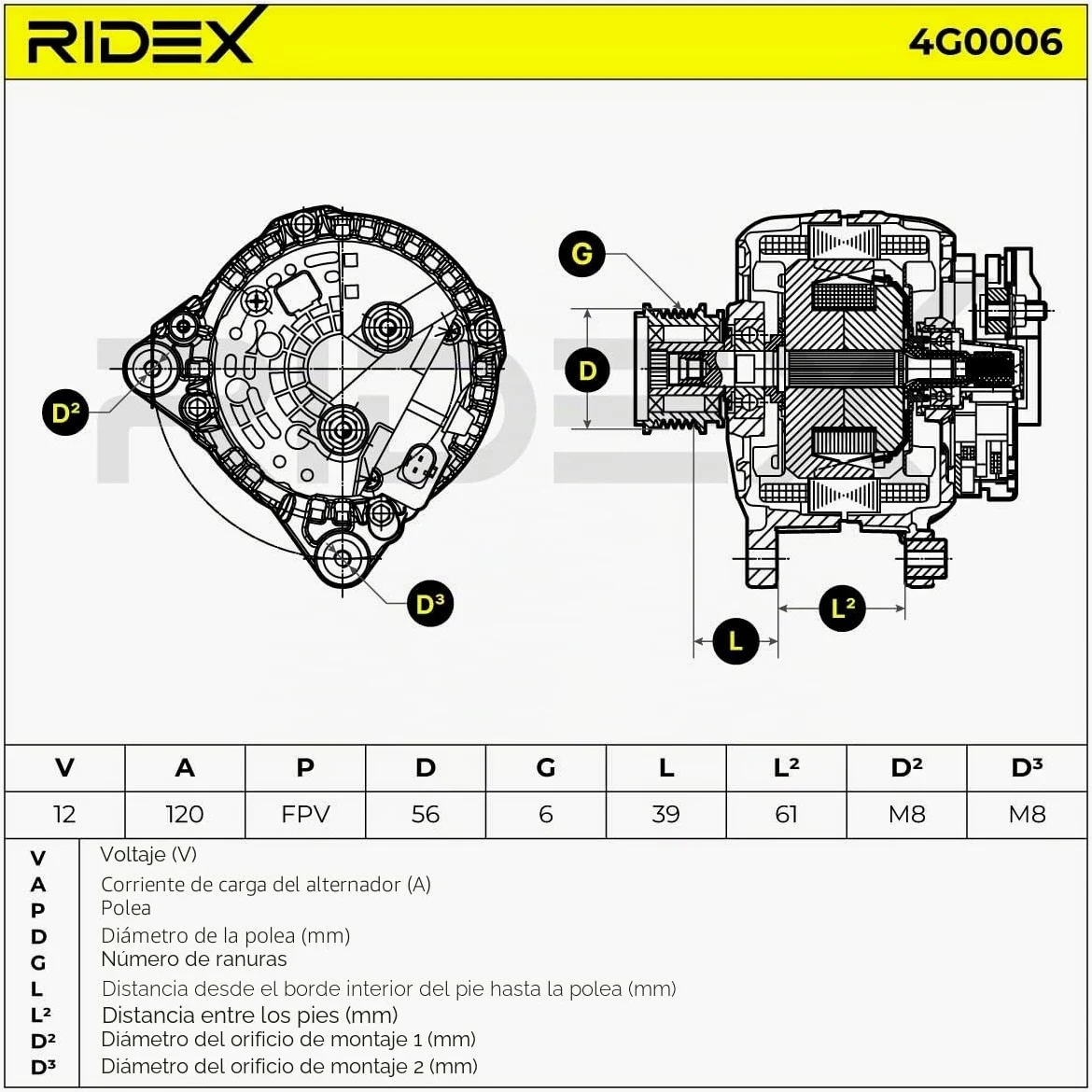 RIDEX 4G0006 Alternador con regulador incorporado Compatible con SKODA Fabia II Combi 545