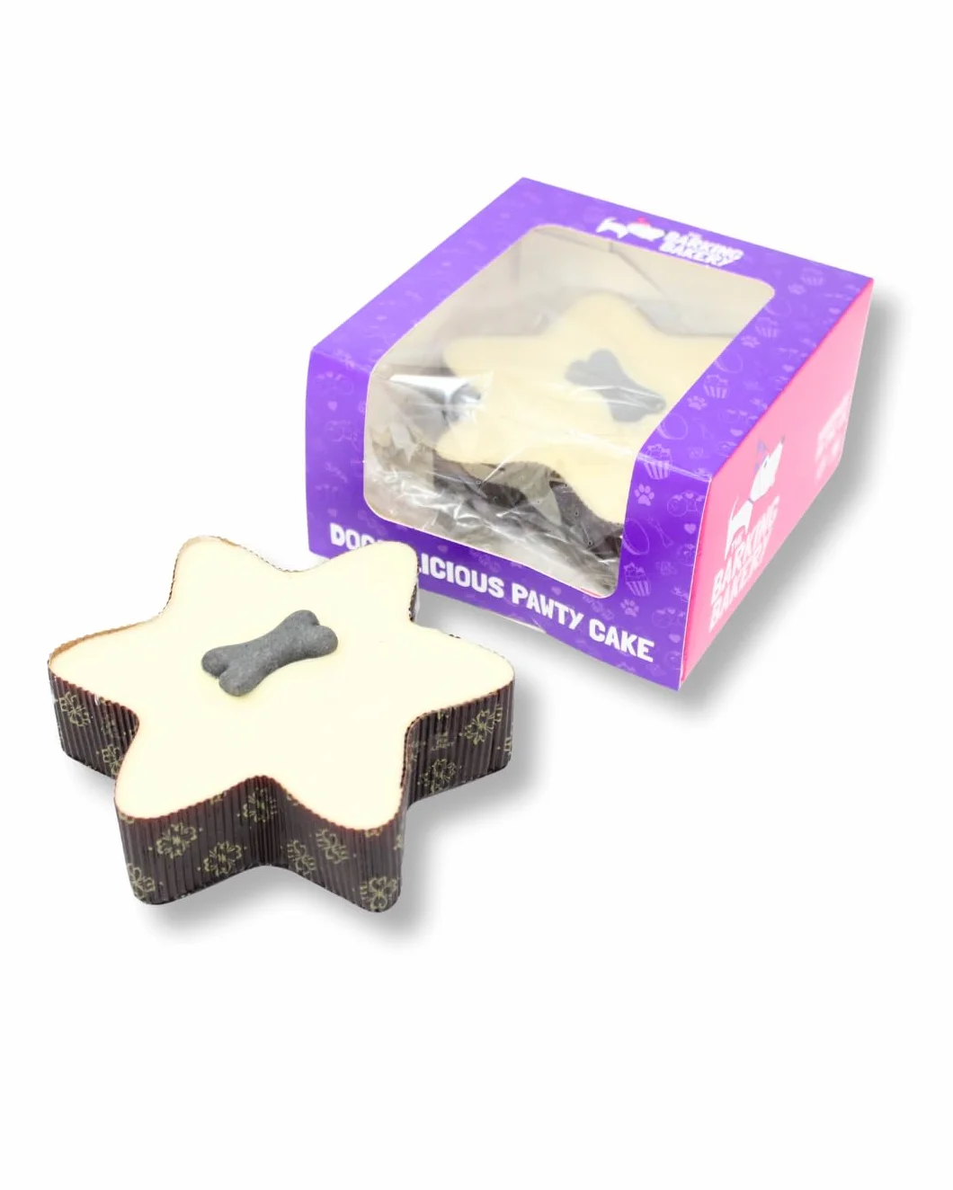 The Barking Bakery Pastel de estrella con tapa de yogur para perros, pastel de cumpleaños con hueso, esponja de vainilla y cobertura, grado humano