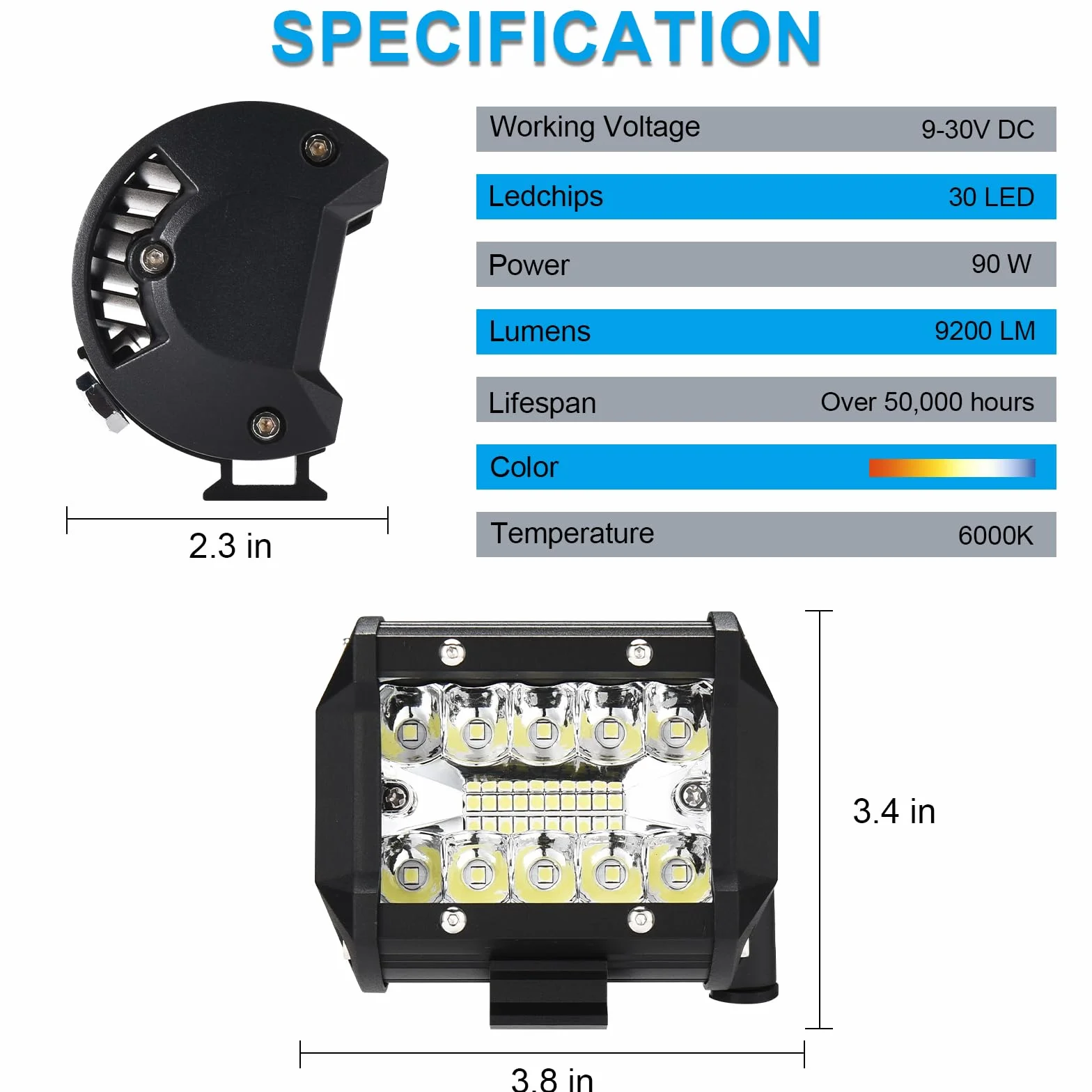 Faro Trabajo LED 12V 4'' 120W 9500LM 6000K IP67 Impermeable Off-road para Coche Tractor
