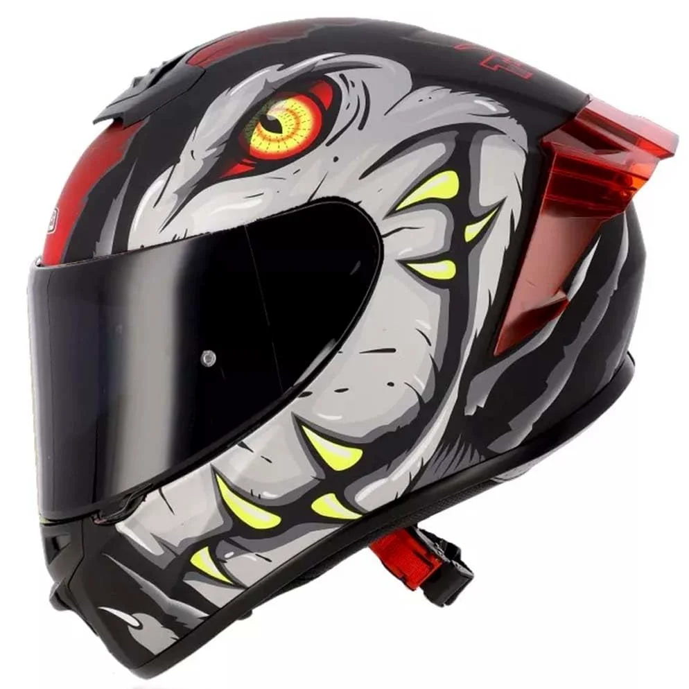 NZI Trendy 3 Stream Raptor Grey Red Mate - Casco de Moto Integral con Pantalla Oscura + Transparente + Spoiler ECE 22.06 - Unisex Hombre y Mujer (S)