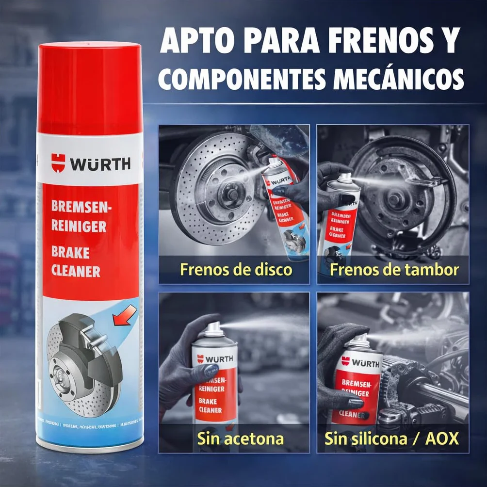 WURTH Limpiador de Frenos 500 ml – Pack de 12 Unidades – Spray Profesional para Limpiar Frenos, Embragues, Motores y Piezas Metálicas – Ref. 08901087