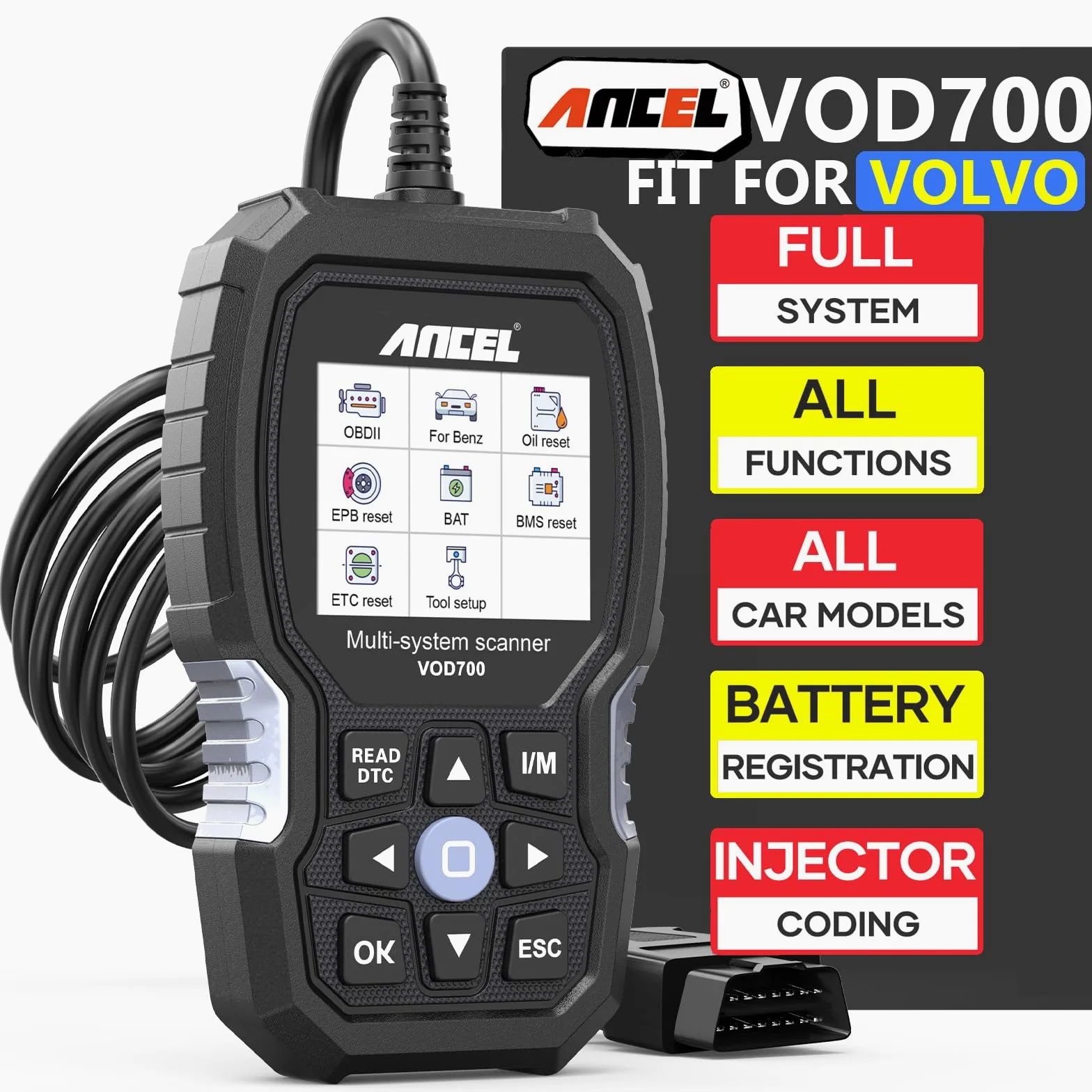 ANCEL VOD700 Máquina de Diagnosis para Coche Volvo, OBD2 Herramienta de Diagnóstico para Sistemas Completos con 12+ Funciones, Lector OBD con Aceite EPB ABS SRS SAS TMPS Bat Bas Reset