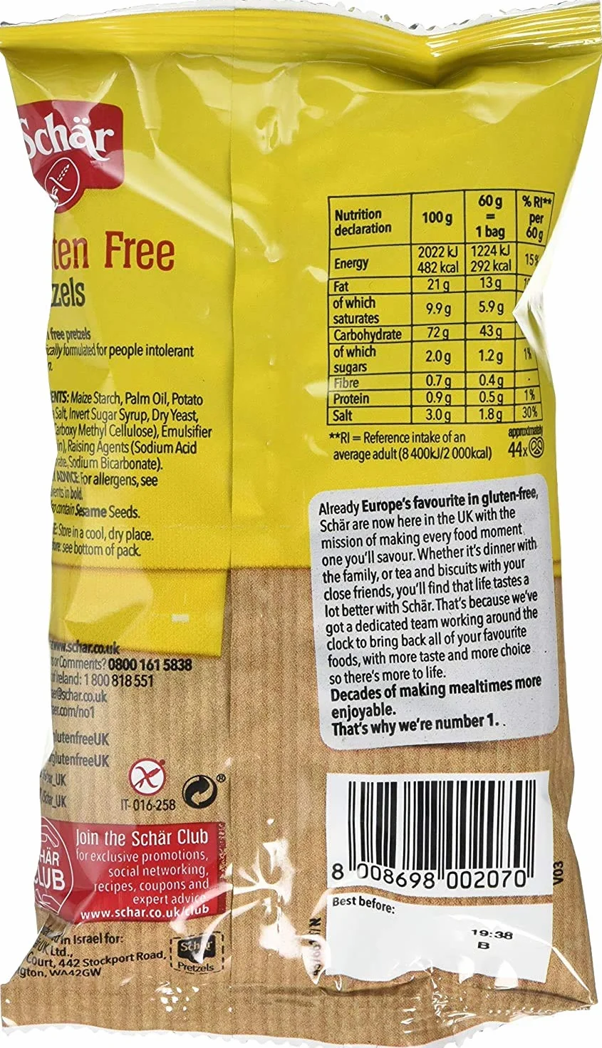 Schar Gluten Free Pretzels 60 g Pack of 5