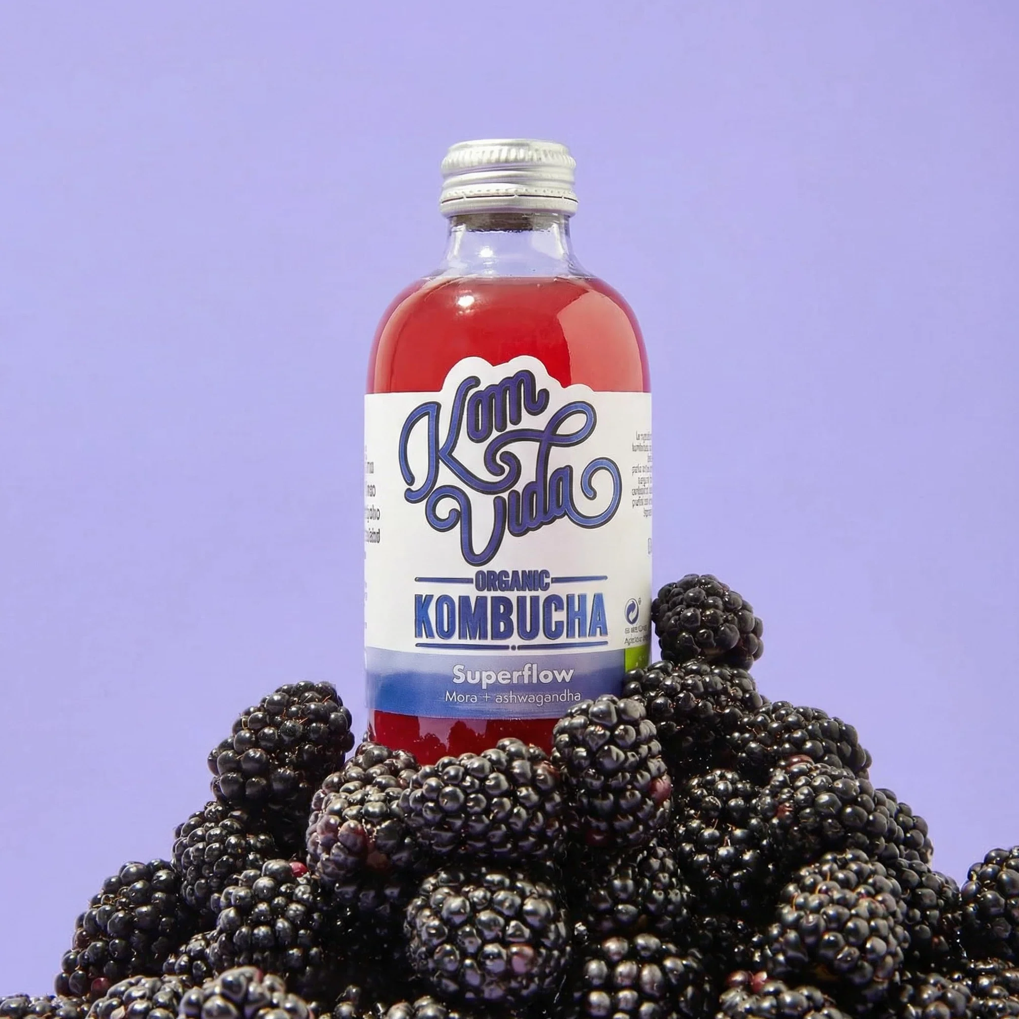 Kombucha Komvida Superflow Ecológica Té fermentado Ashwagandha Mora Probióticos Naturales Sin Azúcares 250ml