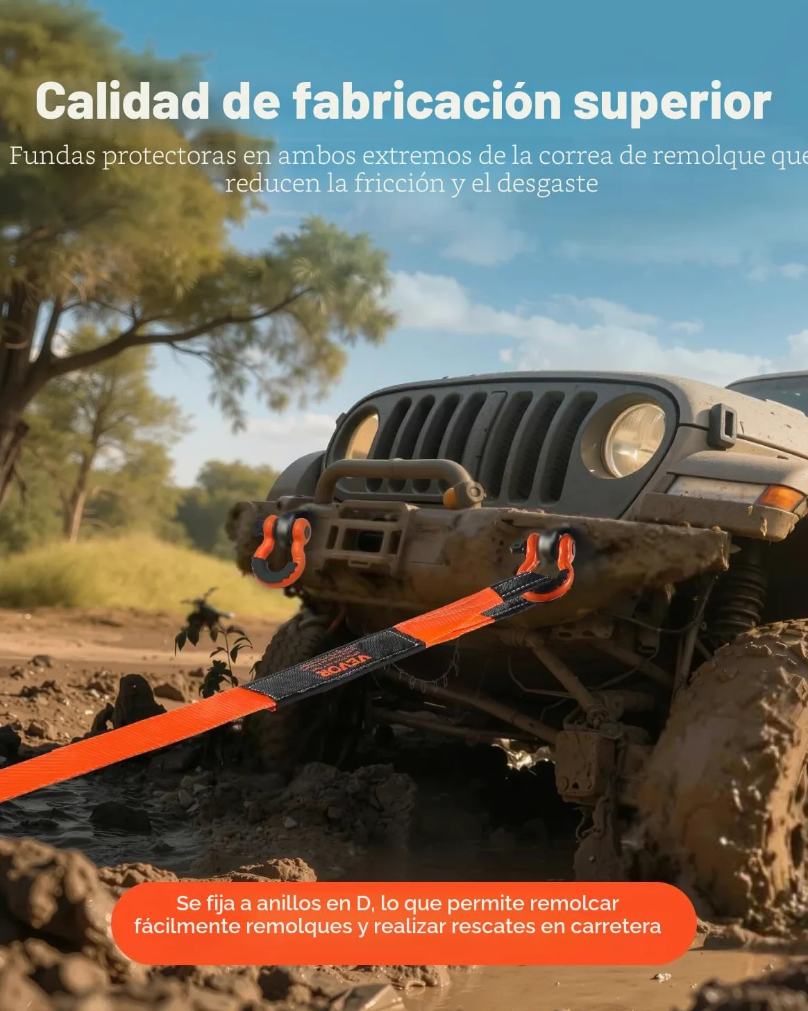 VEVOR Kit de Recuperación de Correas de Remolque, 76,2 mm x 9,1 m Capacidad de 16329 kg Correa de Cabrestante con Fundas Protectoras y Bolsa de Almacenamiento, Grilletes de Anilla en D para SUV, ATV