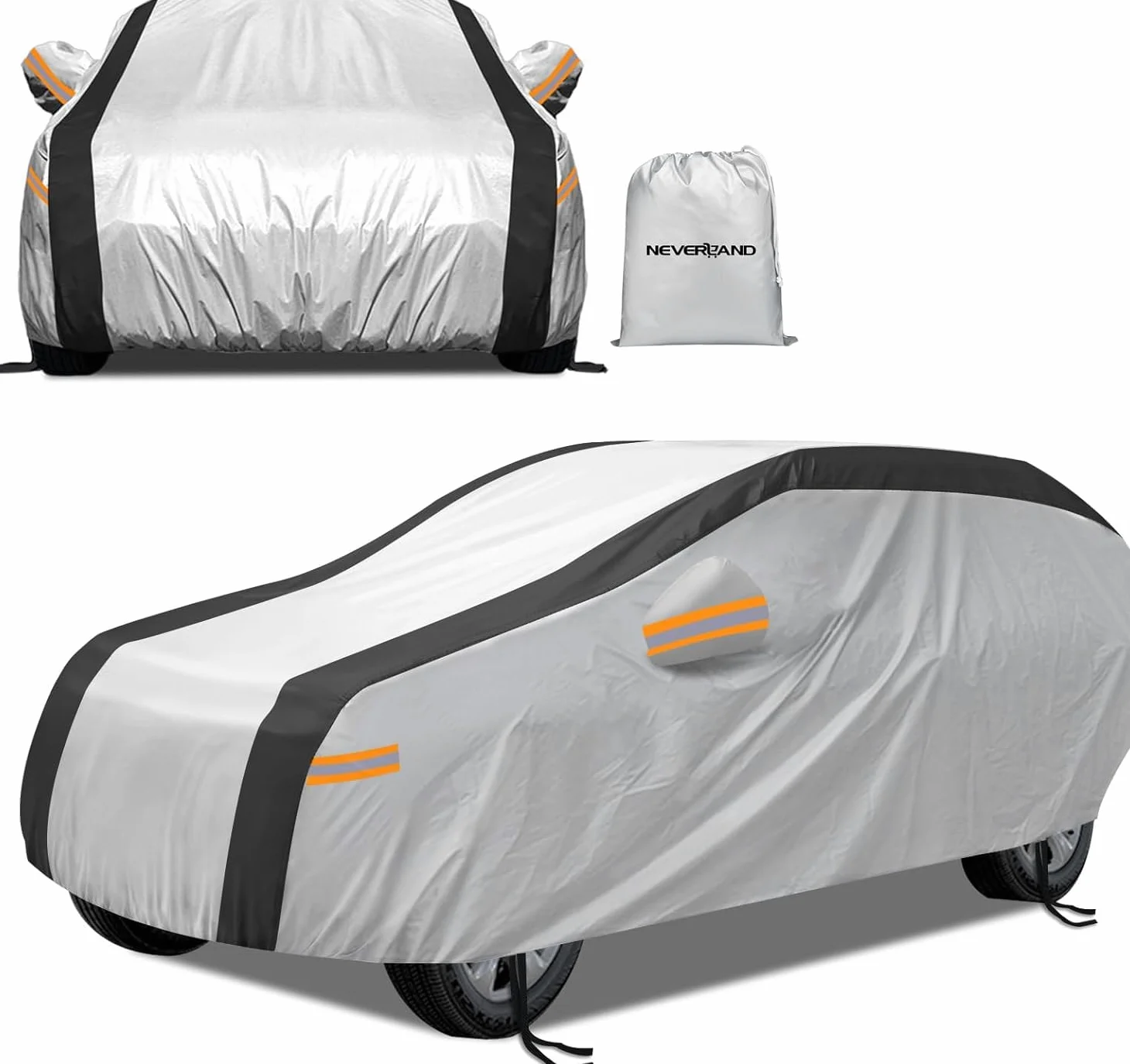NEVERLAND Funda Coche SUV XL Impermeabile 2500PA - Cubierta Exterior 210D Oxford Plata Reflectante Solar Negro Antigranizo con Tiras Naranjas Alta Visibilidad para BMW X5 Mercedes GLE, Audi Q7|510cm