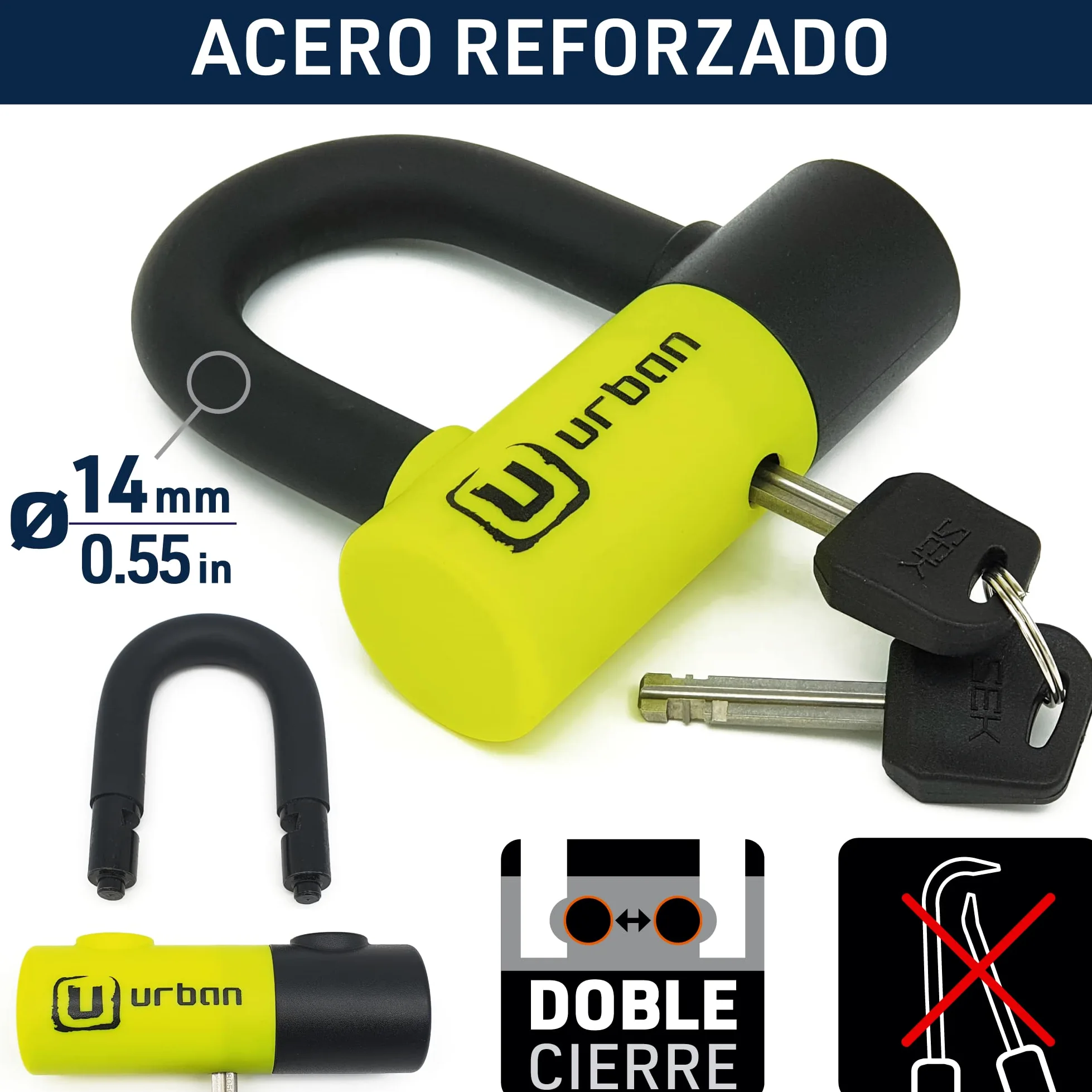 URBAN UR59120 Candado Antirrobo Mini U con Cadena Lazo 120 cm, Doble Función Más Seguro para Candado Moto Disco, Cerradura Alta Seguridad y Doble Cierre, Antirobo Universal para Moto,Scooter Bicicleta