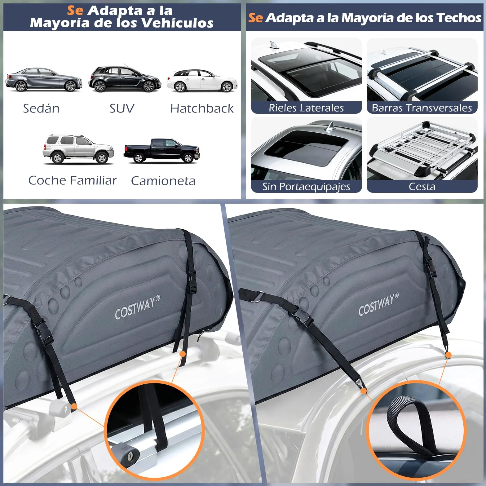 COSTWAY Bolsa de Techo de Coche Capacidad de 425 litros Bolsa de Portaequipajes Impermeable con Correas para Vehículos SUV Negro (Gris)