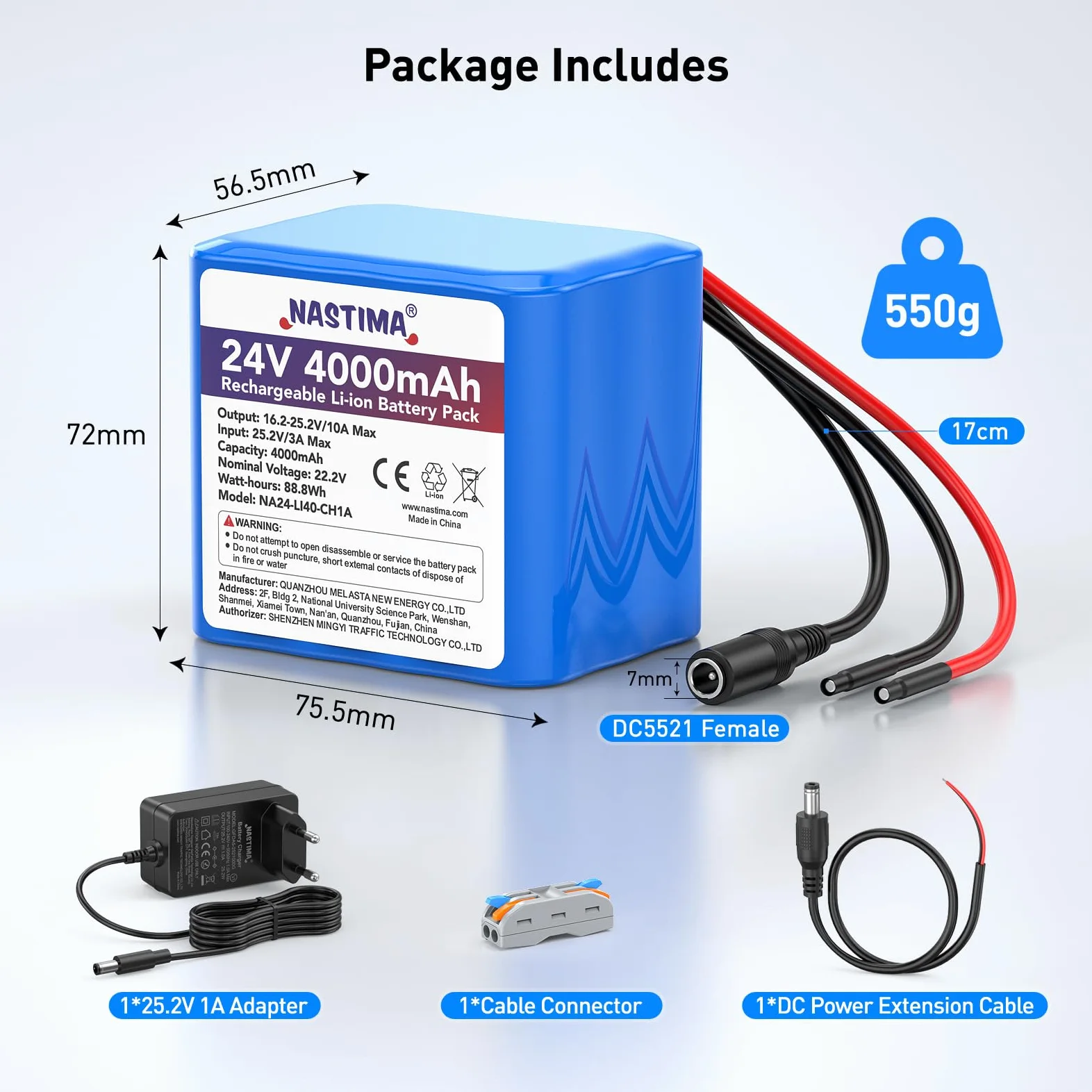 NASTIMA de 4000mAh y 88,8Wh 24V Batería Recargable de Iones de Litio | para Altavoces Bluetooth, Coches Teledirigidos, Sistemas de Energía Solar, Bricolaje, etc. Incluye Cargador y Conector