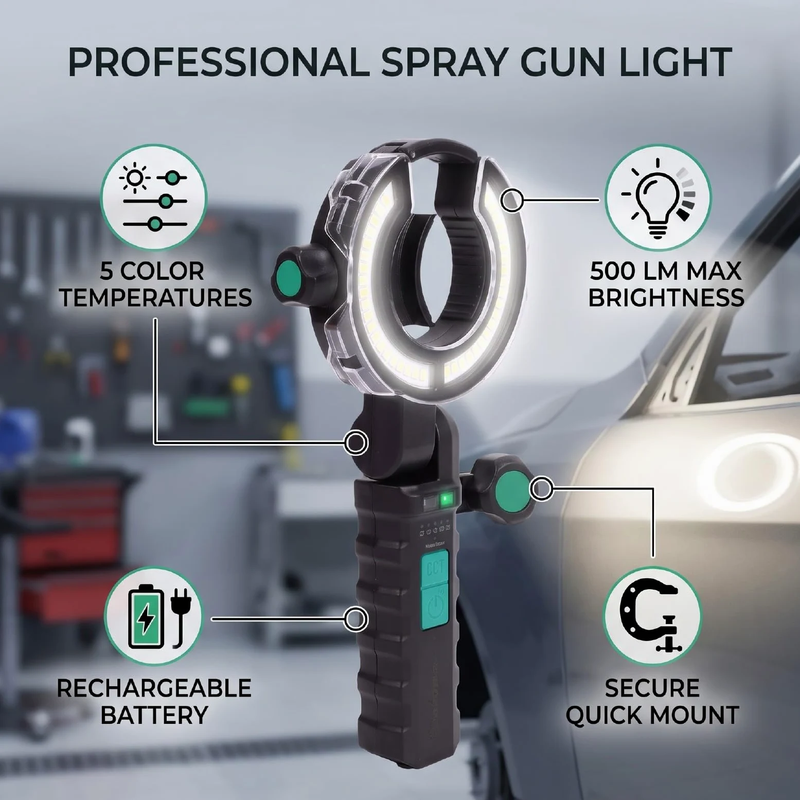 Luz de Pistola de Pintura, Lámpara de Pulverización LED de 500 LM | Luz de Trabajo con Carcasa de Aluminio, 2700K a 6500K y 250 500 LM, Recargable por USB C de 3200 MAh, Se Adapta a Boquilla