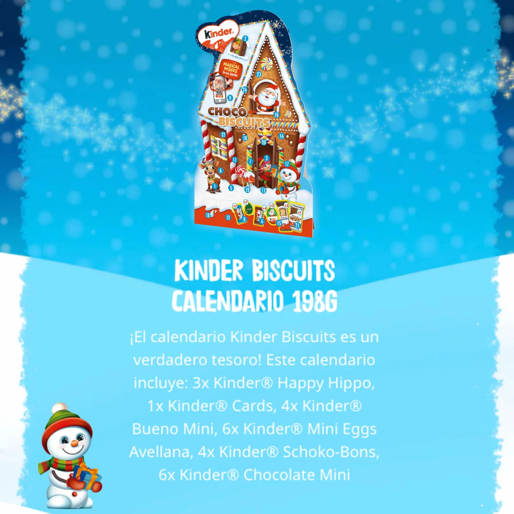 Kinder Biscuits Calendario de Adviento con Chocolates, Postal Navideña, Gorro de Papá Noel, Edición Especial Navidad