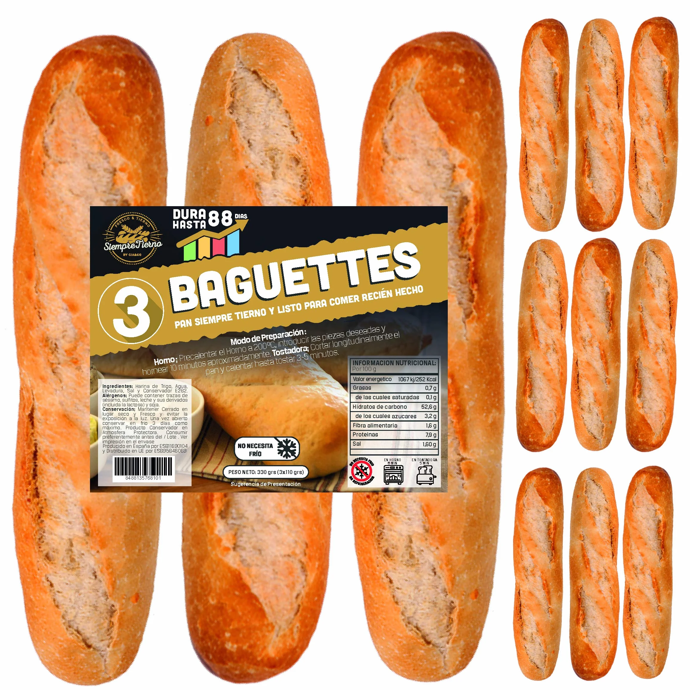 Pan SiempreTierno Baguettes 110g 1320g total 88 dni bez chłodzenia Atmosfera Protectora