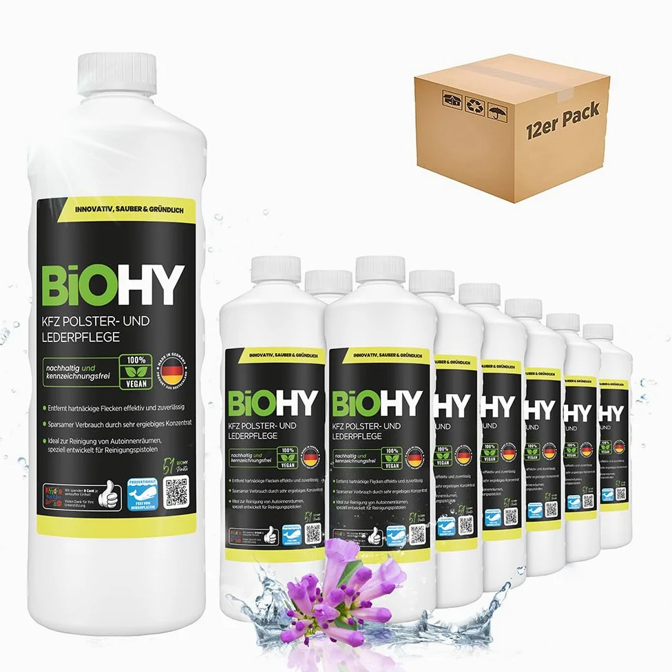 BiOHY Cuidado de tapicería y piel para (12 botellas de 1 litro) | limpia todo el interior del coche | Quitamanchas para asientos de | deja un olor agradable (KFZ Polster)
