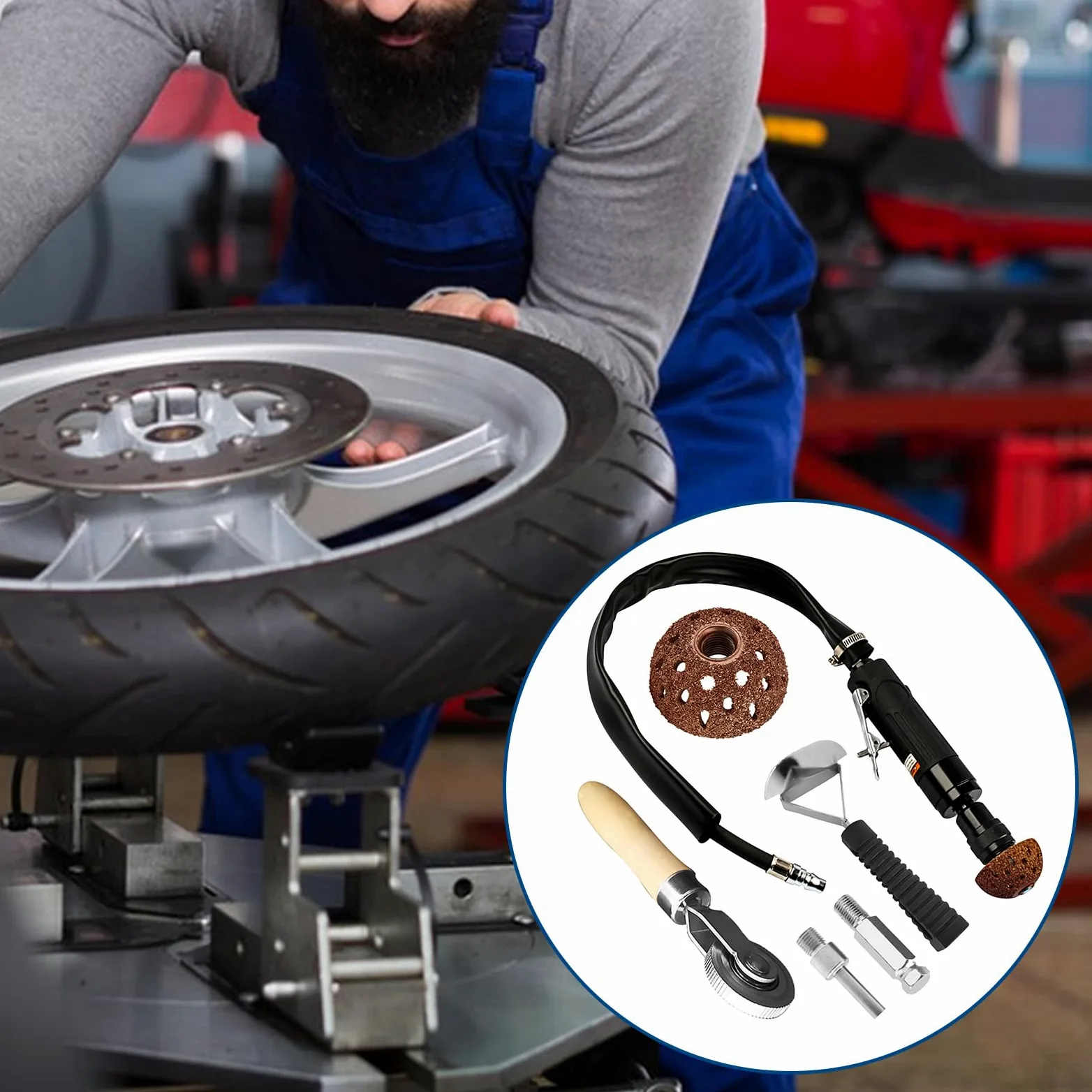 Herramientas de reparación de neumáticos, incluye amortiguador de neumáticos de baja velocidad de 2500 rpm, ruedas de pulido de neumáticos de 42 mm y 55 mm, cortador de raspado de rodillo de
