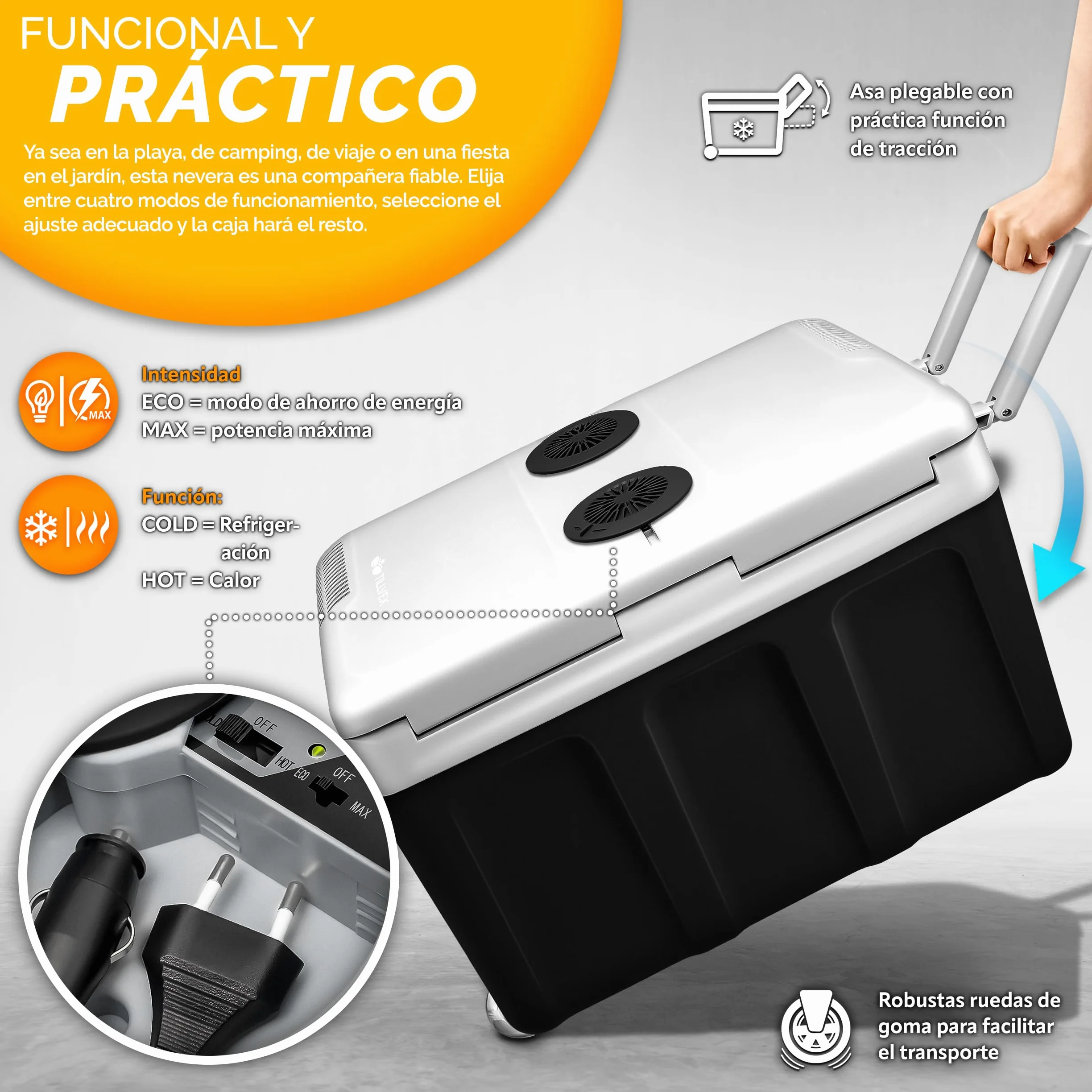 tillvex Nevera portátil eléctrica de 40 litros con ruedas | Mini nevera portátil de 230 V y 12 V para vehículos coches camping | Enfría y calienta | Modo ecológico (Antracita)