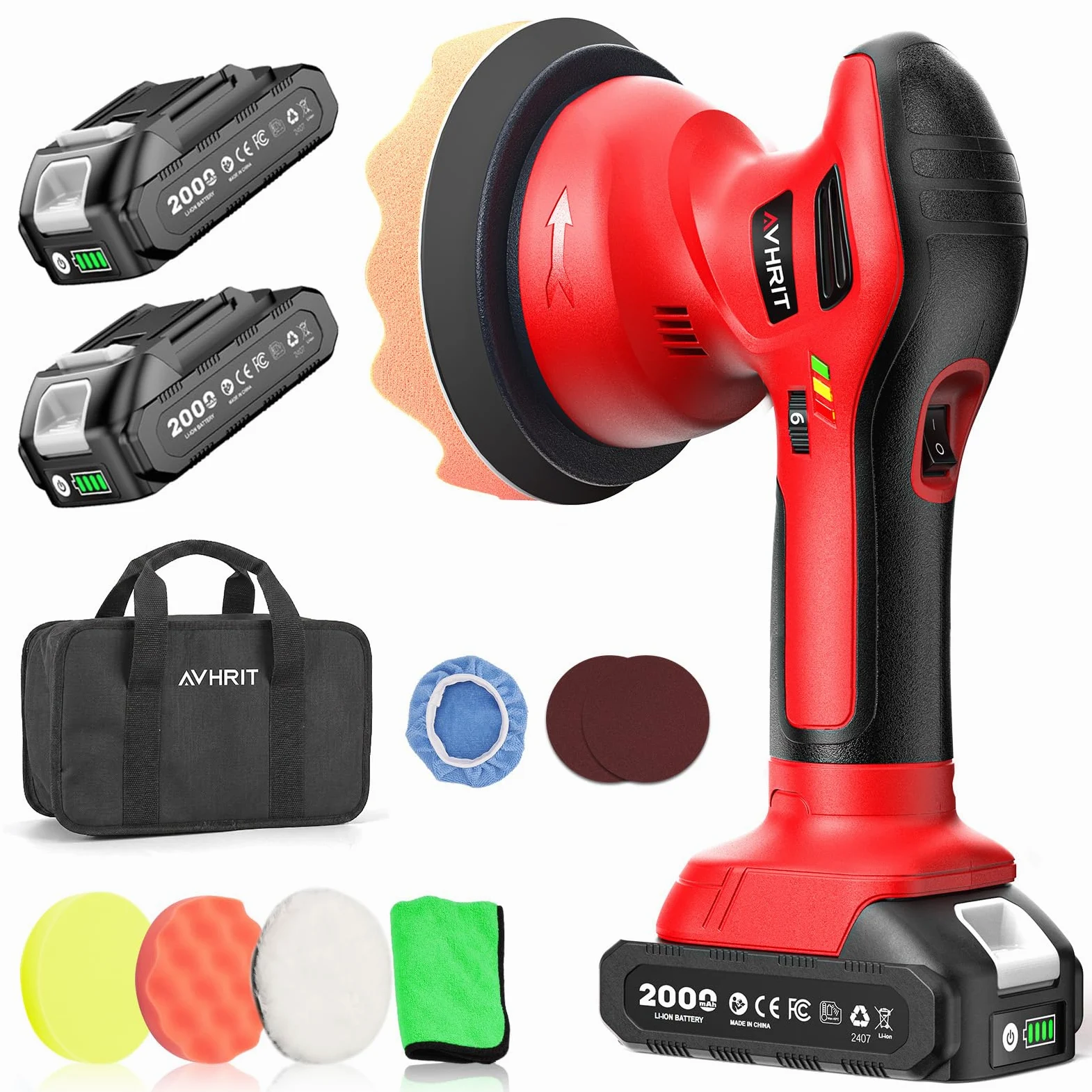 Pulidora de Coche Inalámbrica 2x21V 2000mAh 6000RPM Kit 6" Almohadillas Pulidores