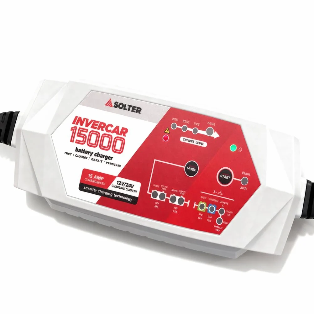 Solter INVERCAR 15000 – Cargador de Batería Profesional 12V/24V, 15A/7.5A, Uso en Coches, Camiones y Maquinaria, Tecnología Inteligente 8 Etapas, Modo Reparación, Protección IP54, Taller y Flotas