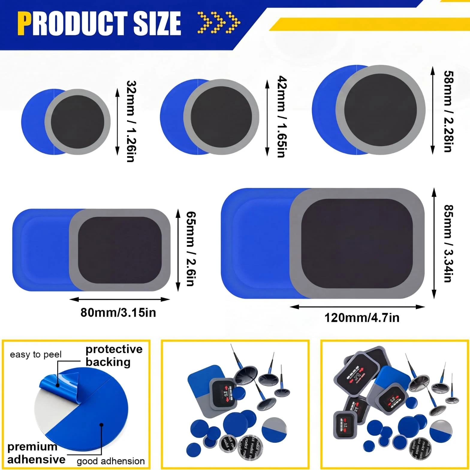 Tallew Kit de 148 parches de goma para neumáticos radiales de goma, herramienta de emergencia para pinchazos, coche, camión, autobús, tractor, vehículo, motocicleta, 32 mm, 42 mm, 58 mm, 65 x 80 mm