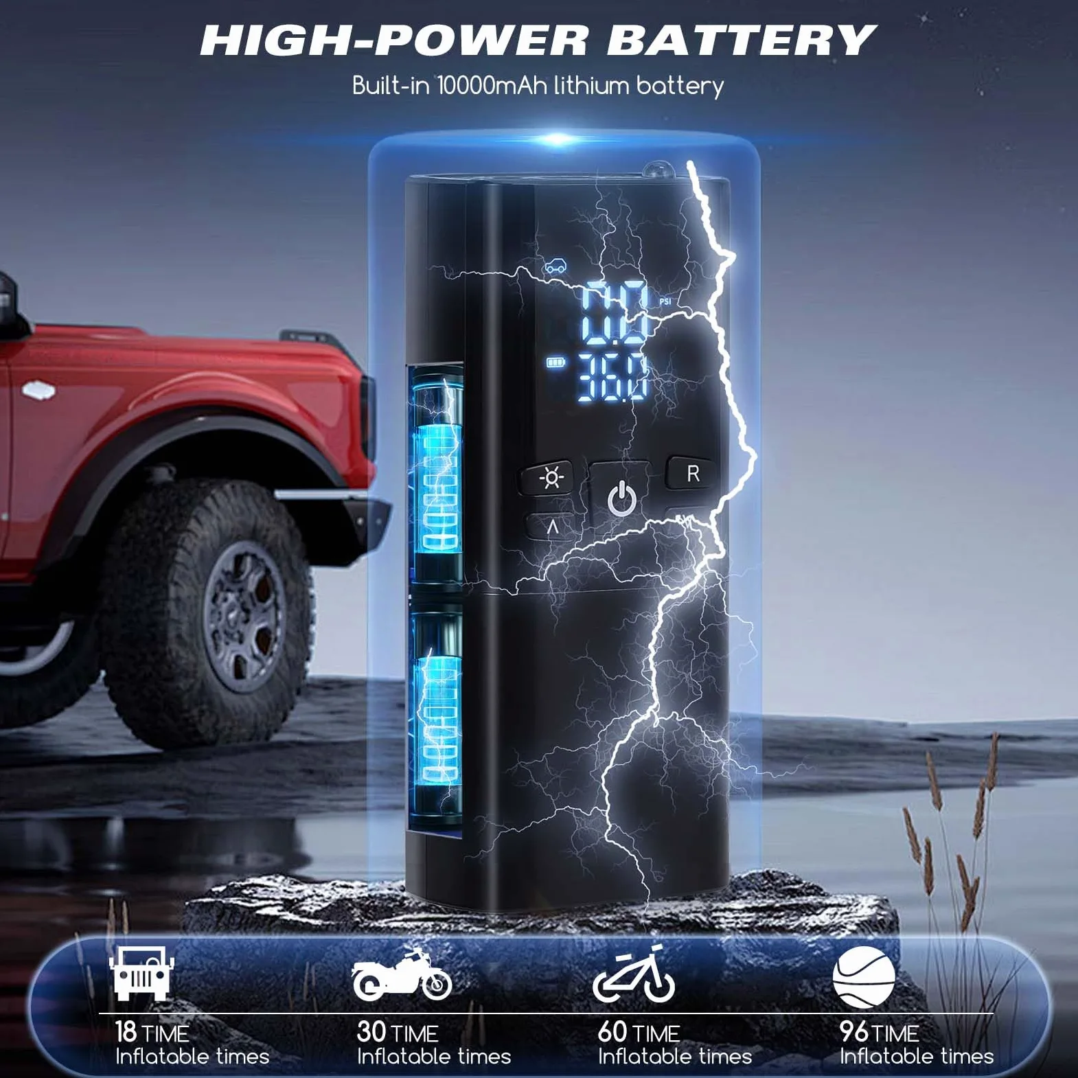 Compresor de aire portátil para neumáticos de coche, inflador de neumáticos inalámbrico de 150 PSI con apagado automático y luz LED, bomba de aire recargable de 10000 mAh para bicicleta, motocicleta