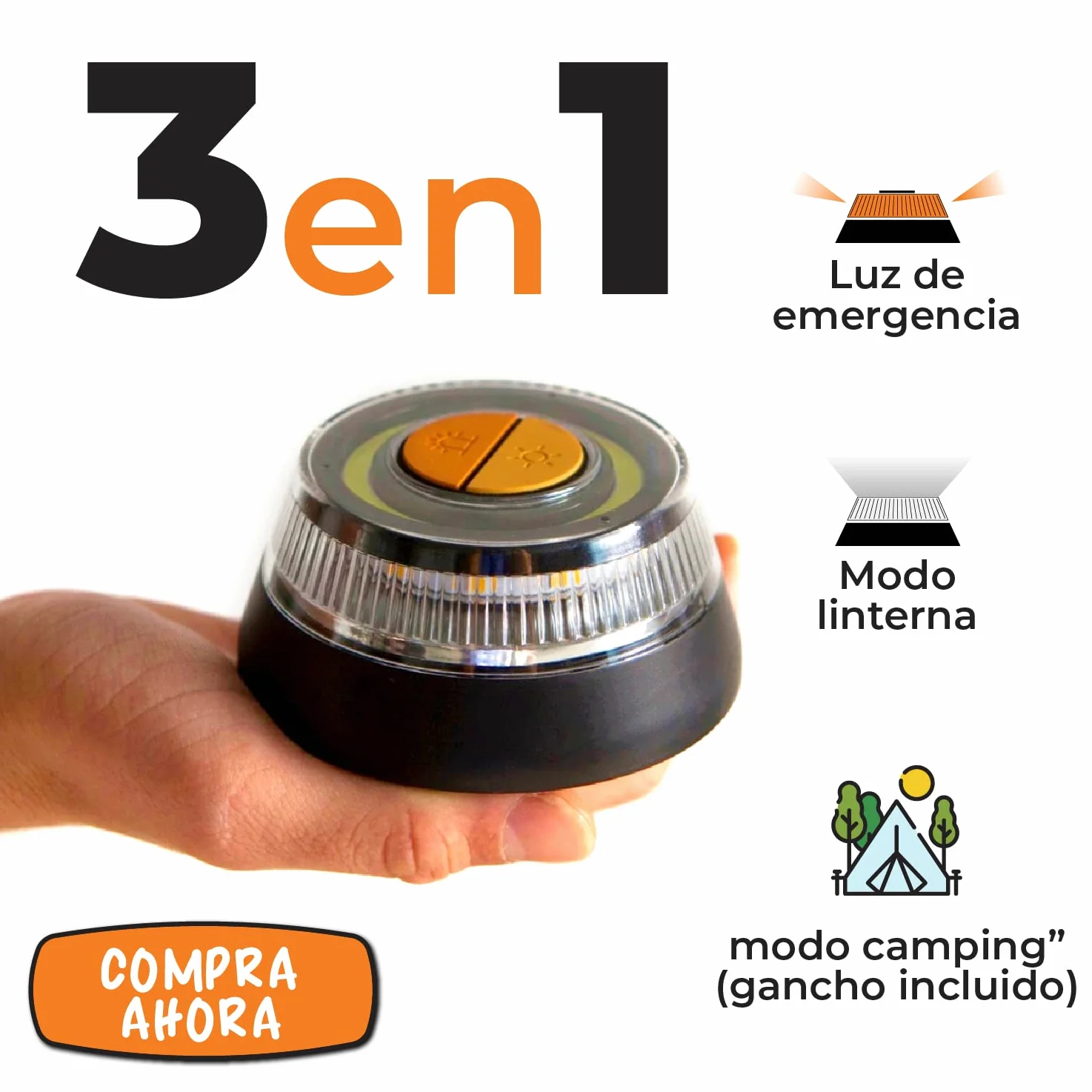 Luz de Emergencia homologada por la DGT (IDIADA PC21010314). Autónoma, Base magnética, Modo Linterna. Baliza de preseñalización de Peligro. Señal V-16. Sustituye a los triángulos.