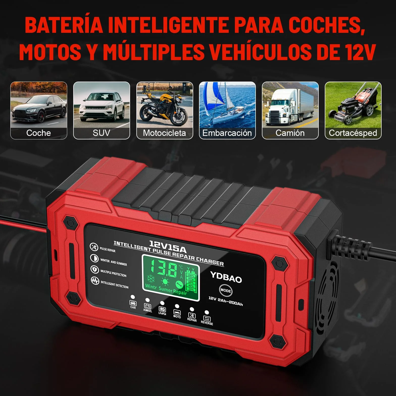 YDBAO 12V 15A Cargador de Batería de Coche Cargador Baterias Coche y Moto Inteligente con Reparación y Pantalla LCD y Múltiples Protecciones Cargador bateria para Coche Moto AGM SLA Gel LiFePO4