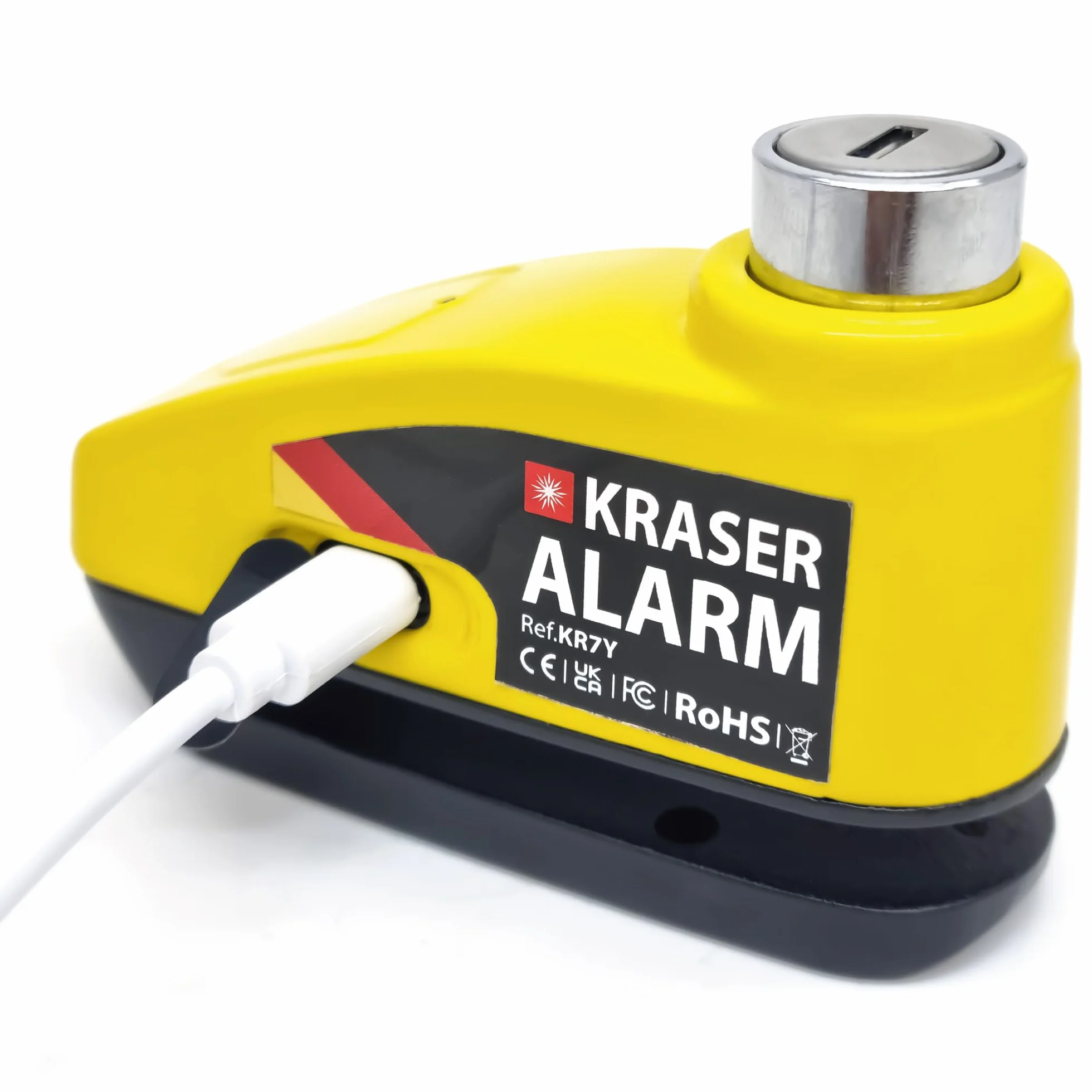 KRASER KR7Y Candado Disco Moto con Alarma 110dB Batería Recargable USB, Sensor de Movimiento, Impermeable Resistente Visible, Antirrobo Cepo Pinza Freno Bloqueo 7mm Universal, Amarillo