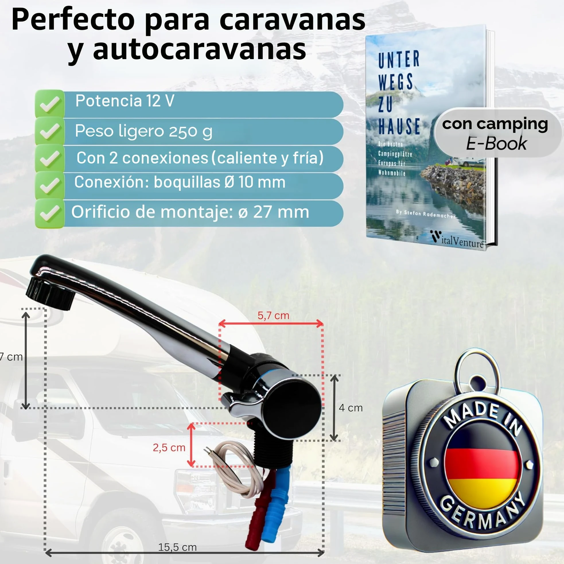 Comet Grifo de camping 12V London para autocaravana - Con 2 conexiones (agua caliente y fría), negro/cromado, grifo compacto con bomba, ideal para lavabo
