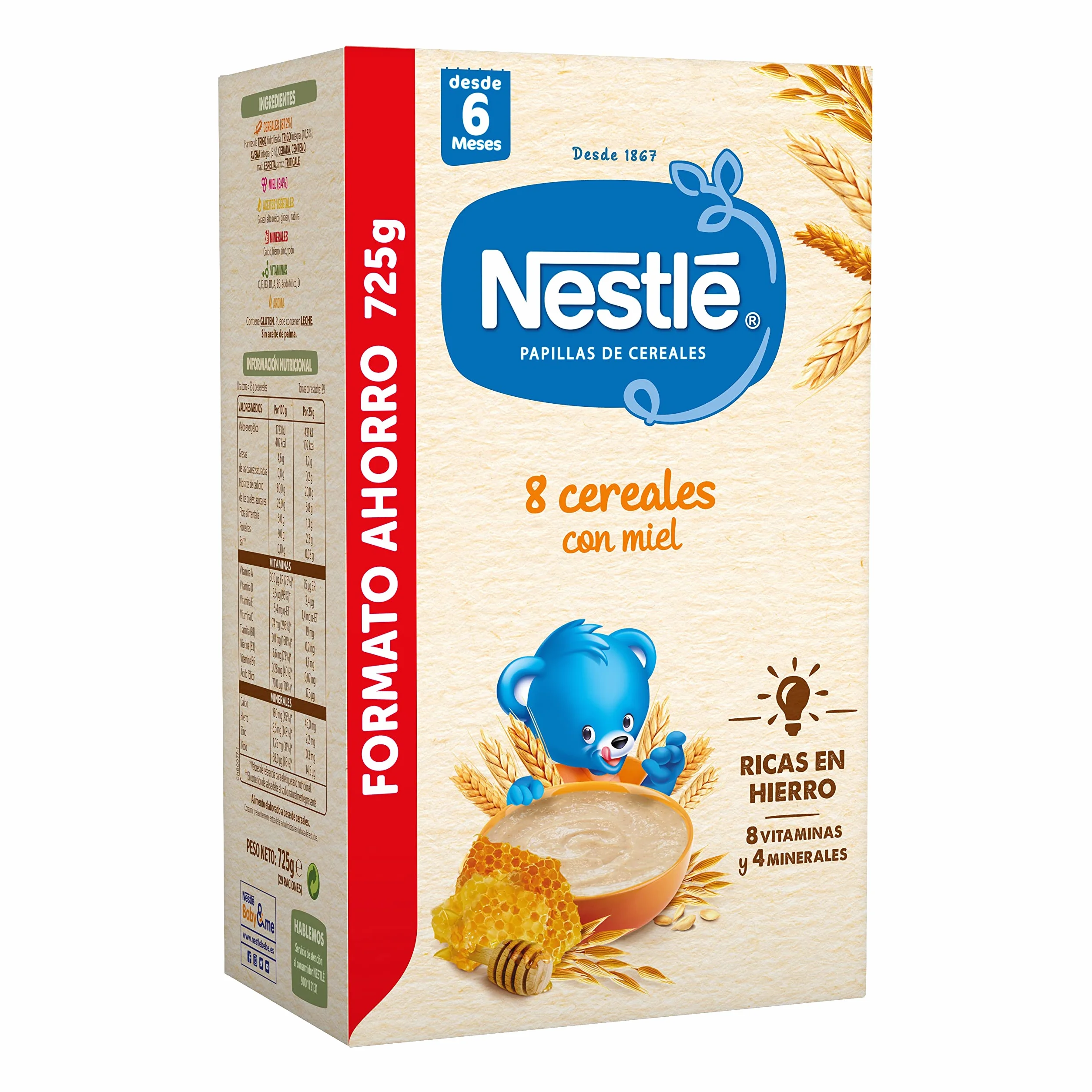 Nestlé Papilla 8 Cereales con Miel, 725 g