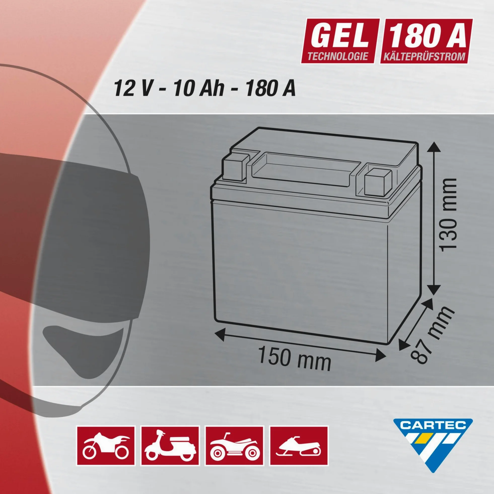 CARTEC YTX12-BS Batería de Motocicleta 10Ah 180A Gel Arranque Sin Mantenimiento