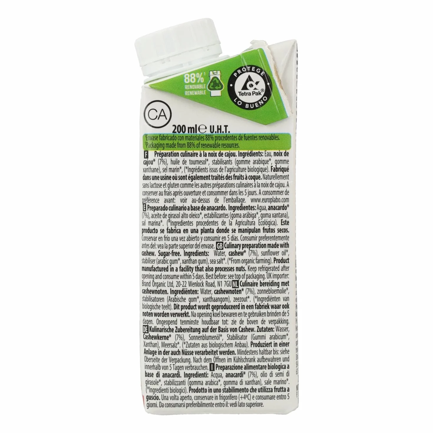 Nata vegetal de anacardo 200 ml sin gluten sin azúcar añadido