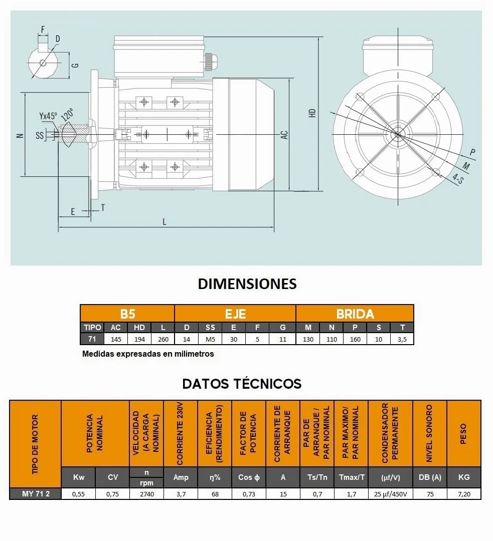 MOTOR ELECTRICO CEMER MONOFASICO 3000 RPM 230V 0,55KW / 0,75CV TAMAÑO 71 Ø DEL EJE 14mm BRIDA B5 160mm ARRANQUE MEDIO